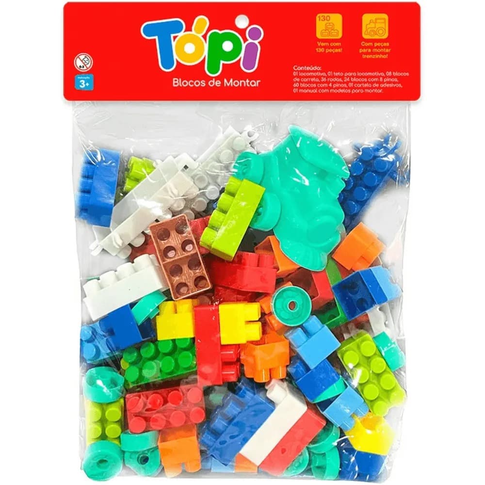 Blocos de Montar Infantil 130 Peças Trem Educativo Topi Criatividade +3 Anos