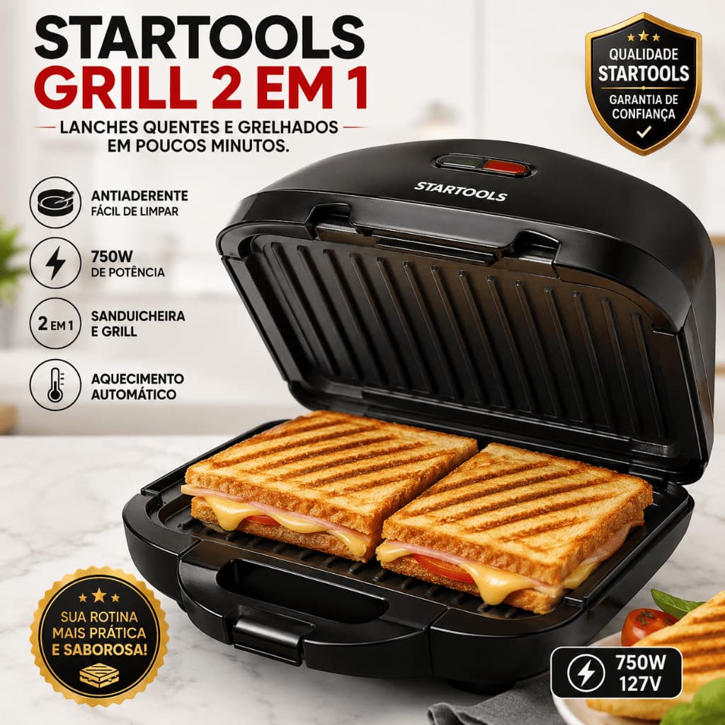 Sanduicheira Grill Elétrica Startools 2 em 1 750W Antiaderente Prensa Dupla 127V Preta