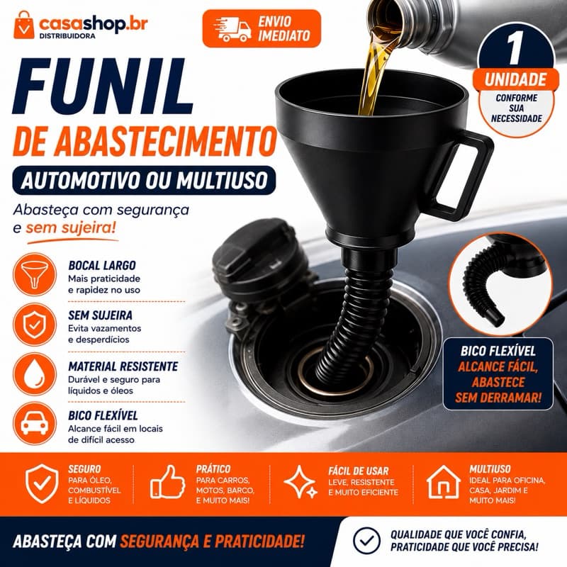 Funil Automotivo Com Bico Flexível e Peneira Troca de Óleo Abastecer Sem Sujeira Carro e Moto