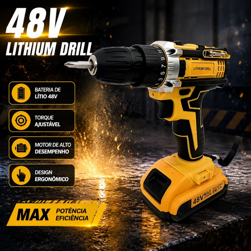 Parafusadeira Furadeira Profissional 48V Duas Baterias Kit Completo com Maleta de Ferramenta Cor Amarela/Azul