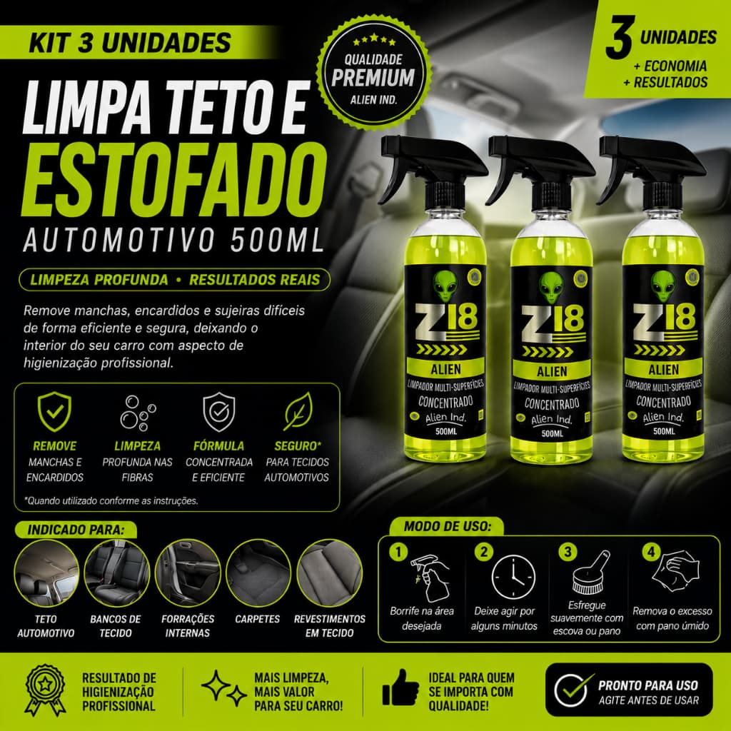 Kit Com 3 Limpadores Estofado E Teto Automotivo 500ml Alien