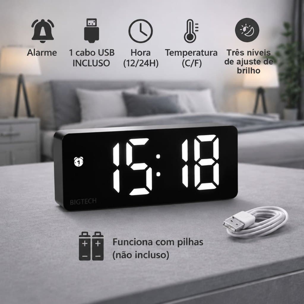 Relógio Digital LED de Mesa com Despertador, Data, Temperatura, 3 Níveis de Brilho e Display Grande