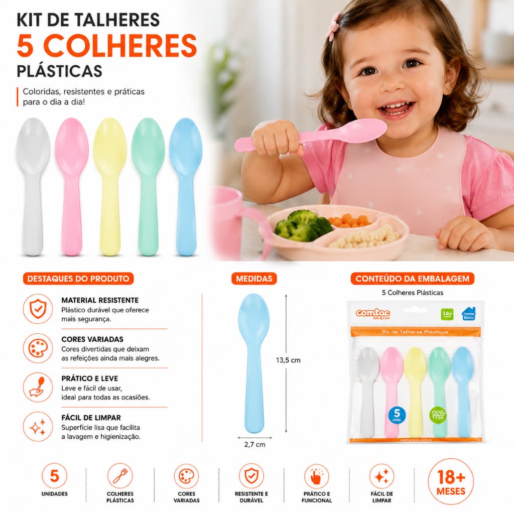 Kit 5 Colheres Plásticas Infantis Coloridas BPA Free Alimentação Bebê