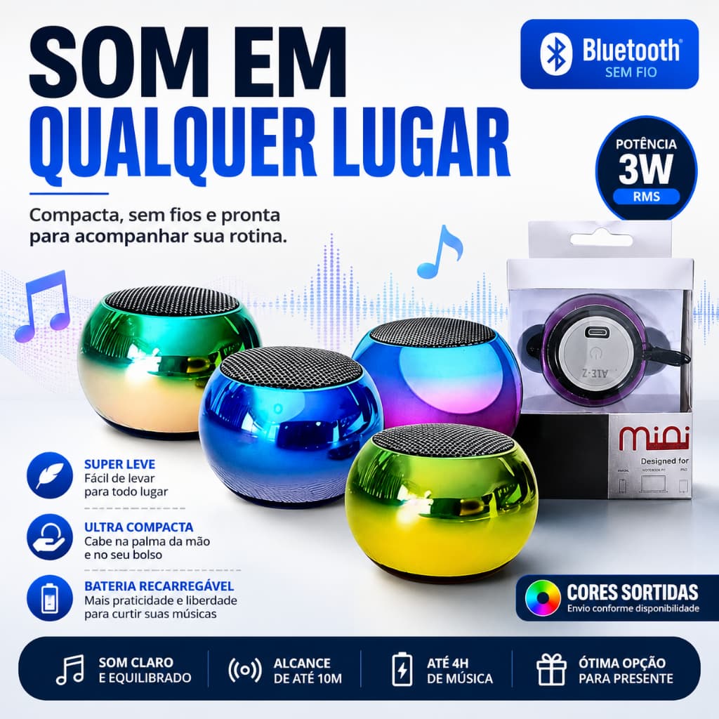 Mini Caixa de Som Speaker Wireless 3W DEGRADE - (Cores Sortidas)
