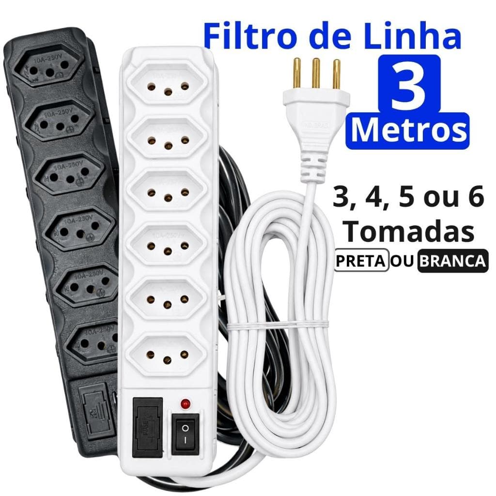 Filtro de Linha 3 Metros Banco ou Preto 3/4/5 ou 6 Tomadas 10A Bivolt  Fusível 3A Plugue tripolar