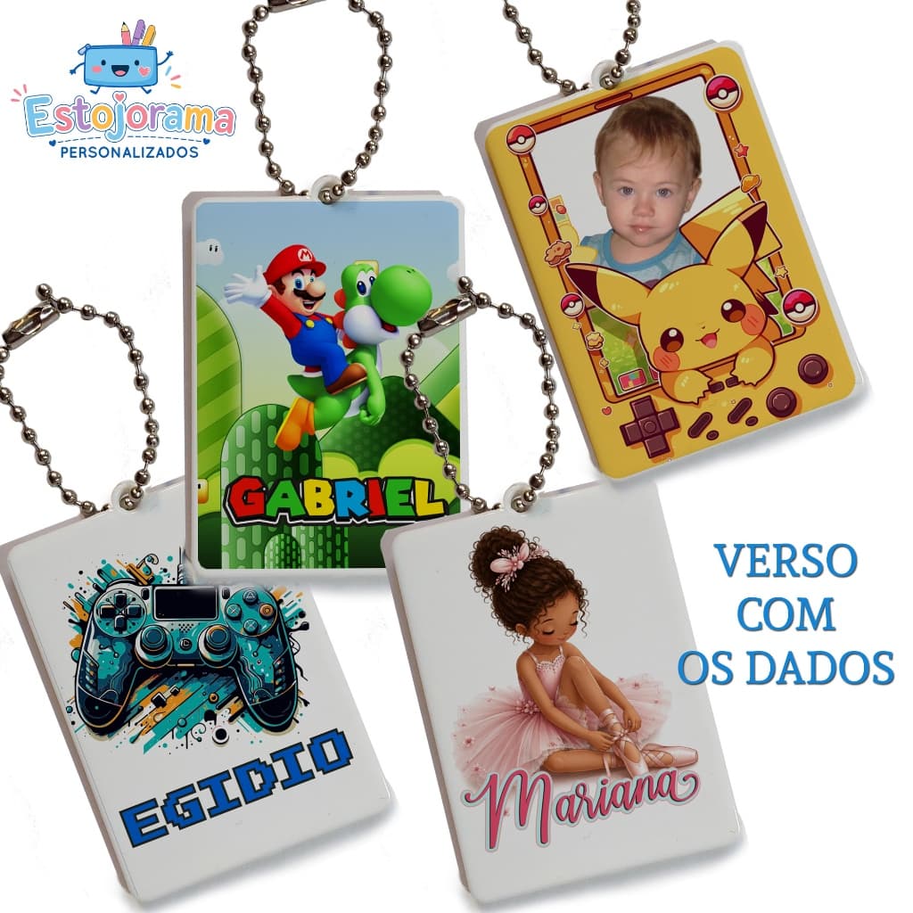 Chaveiro de Identificação para Mochila, estojo, escolar personalizado com nome tema frente e verso não desbota