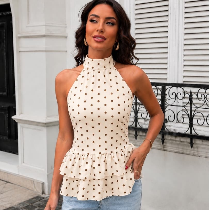 Blusa Poa Amarração Regata Bolinha Feminina Gola Alta Franzido Elegante Casual Com Babado Duplo Moda