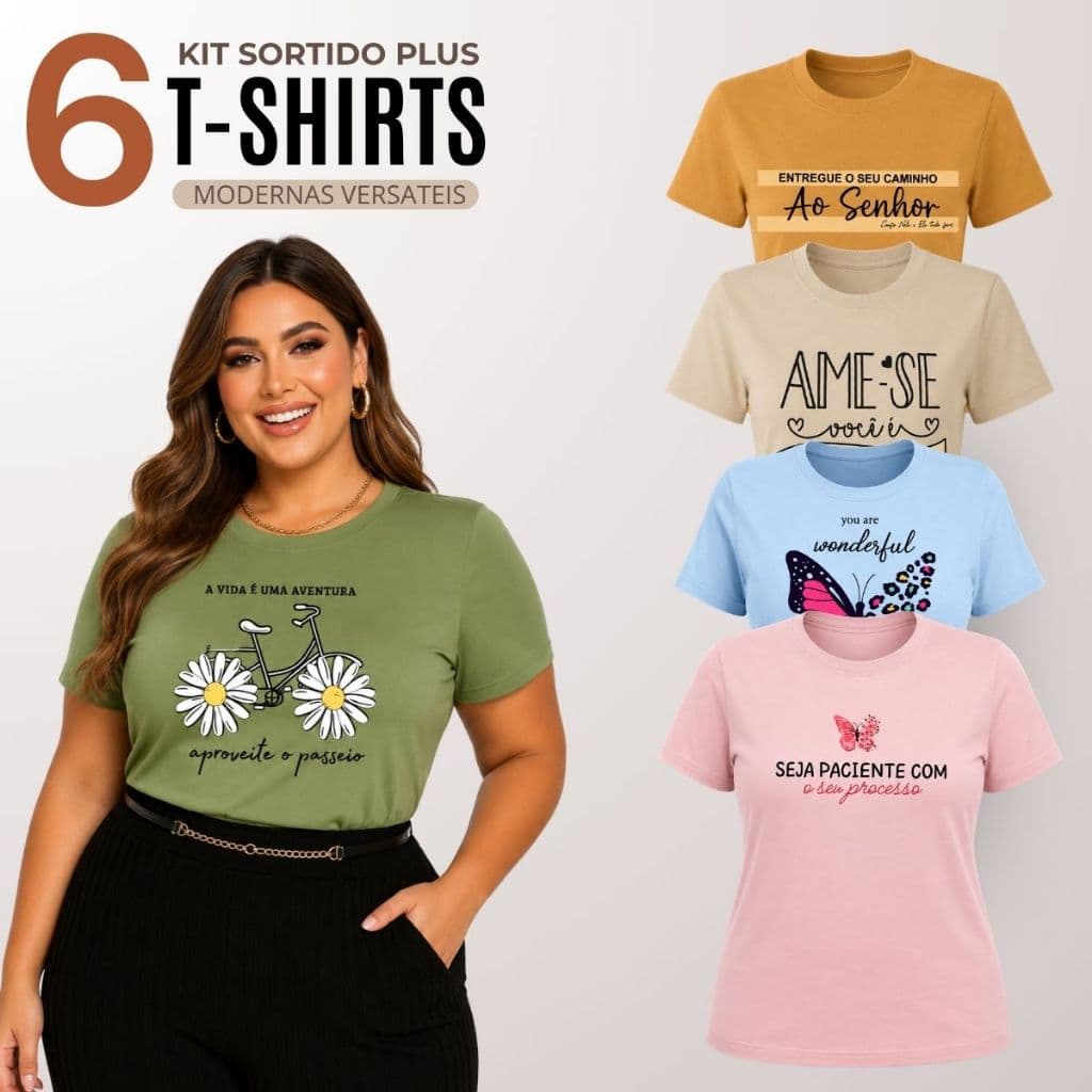 Kit 6 Blusas Femininas Plus Size Manga Curta Gola Redonda Malha 100% Algodão Premium Roupa Femininas