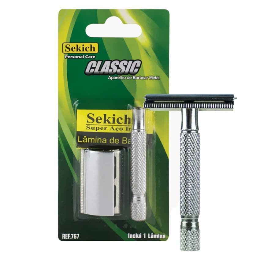 Aparelho de Barbear Sekich Metal + 1 Lâmina Dupla Face | Barbeador Clássico em Metal Cromado