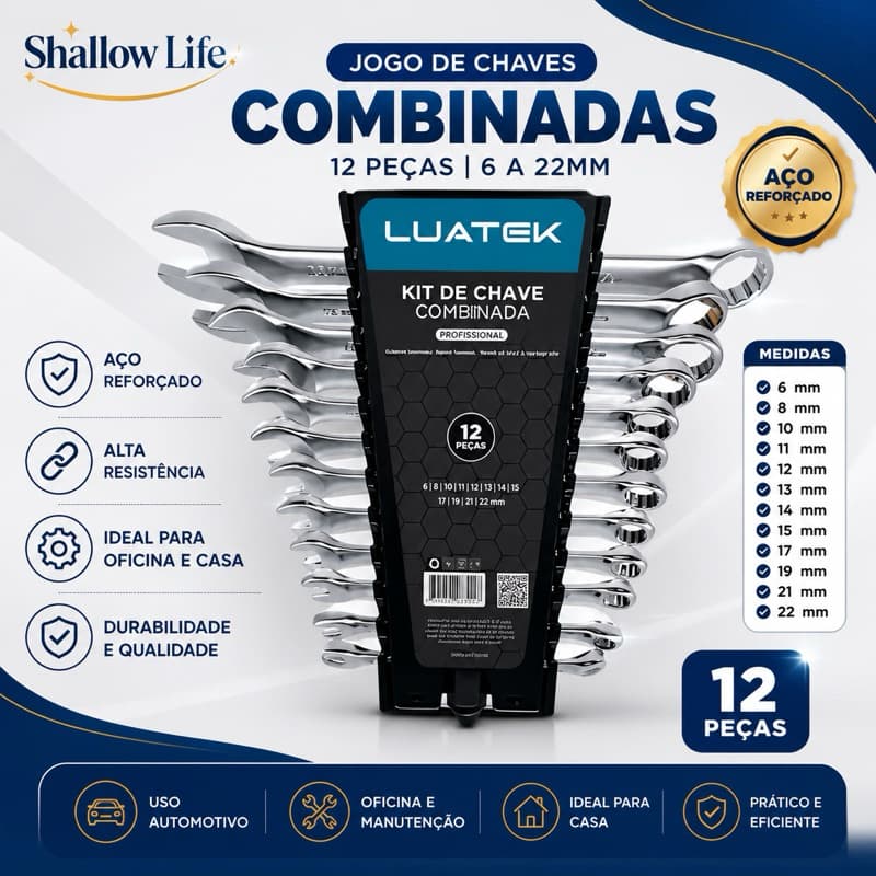 Jogo de Chaves Combinadas 12 Peças 6 a 22mm Luatek LWJ-143 Aço Reforçado para Oficina e Casa