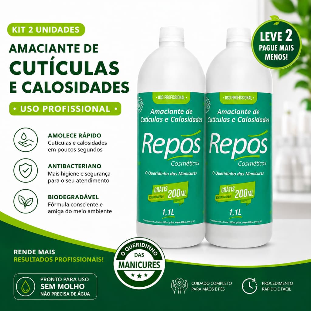 kit 02 Amaciante de Cutículas e Calosidades Repos 1,1L Profissional Removedor de Calos Antibacteriano Manicure Pedicure