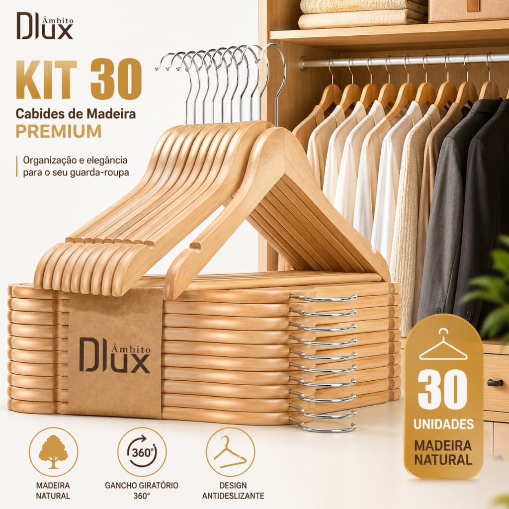 Ambito Dlux Kit 30 Cabides De Madeira Premium Com Gancho Cromado Para Organizar Roupas E Armário