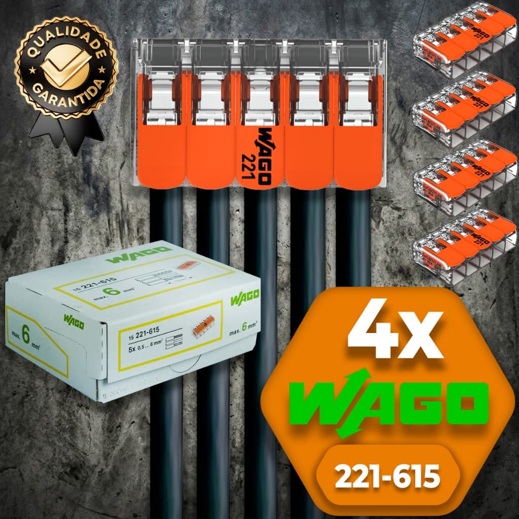 Conector de Fio Elétrico Wago 221-615 Conector Wago Emenda 6mm 41A Conexão Automática Kit 4 Peças