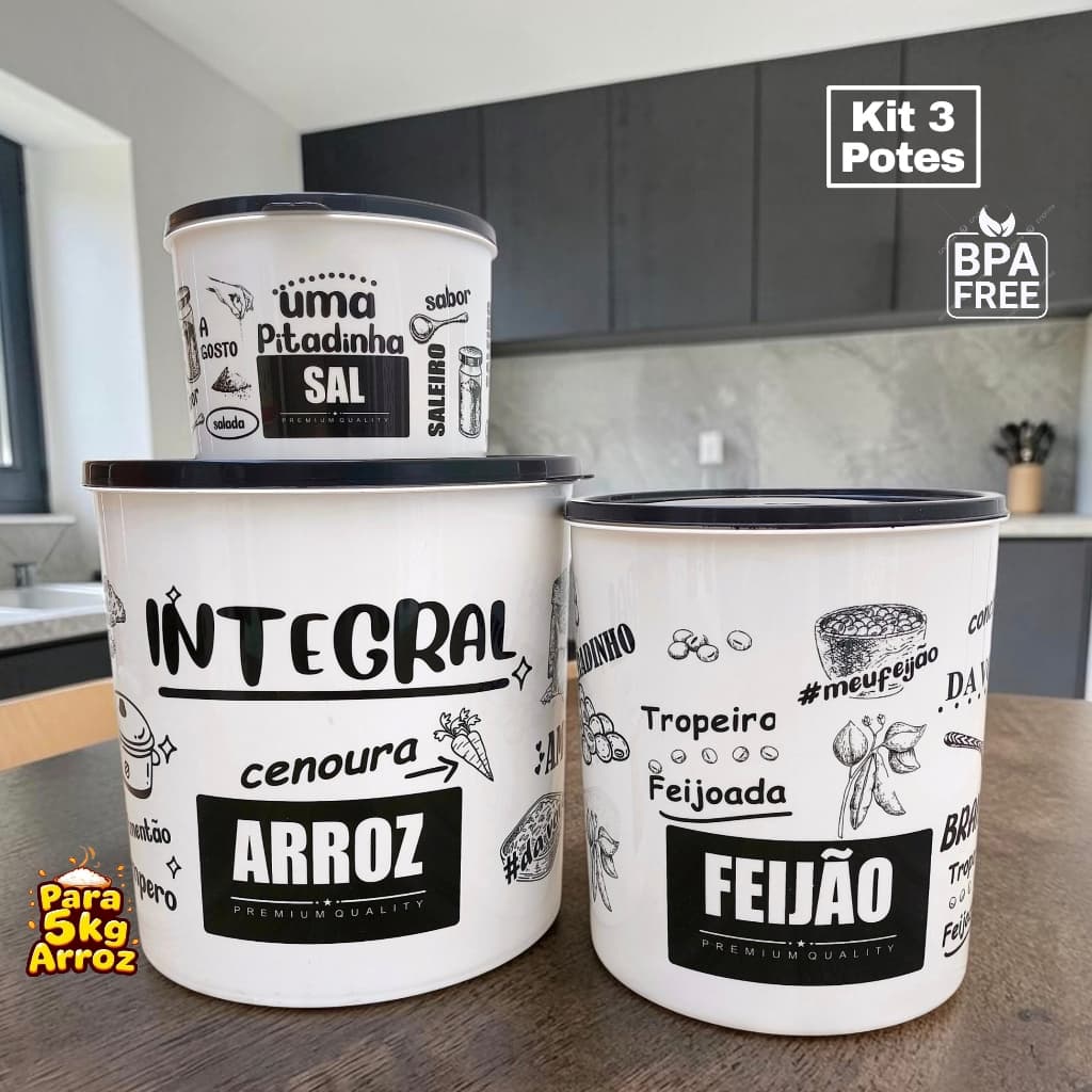 Kit 3 Potes Plásticos Organizadores Black Porta Mantimentos Arroz Feijão e Sal