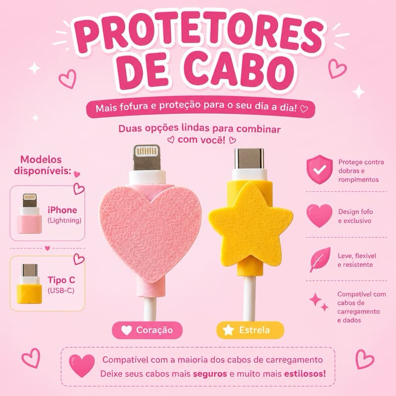 Protetor de Cabo para Celular Iphone Tipo C Decoracao Estrela Coracao
