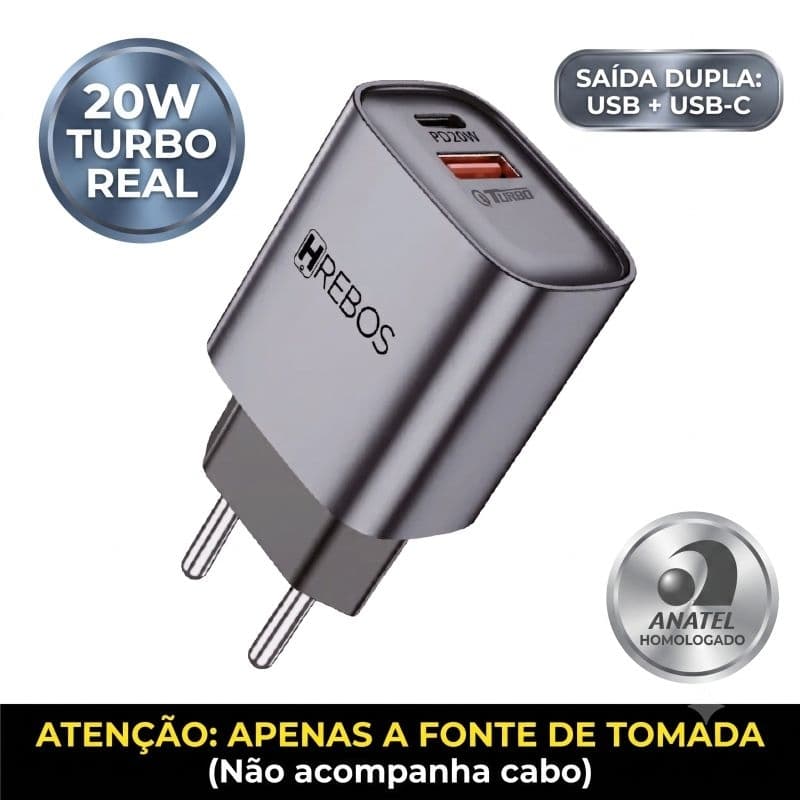 Carregador Turbo 20W Hrebos Fonte Tomada Dupla USB-C E USB Quick Charge Celular e Tablet (Apenas Fonte Sem Cabo)