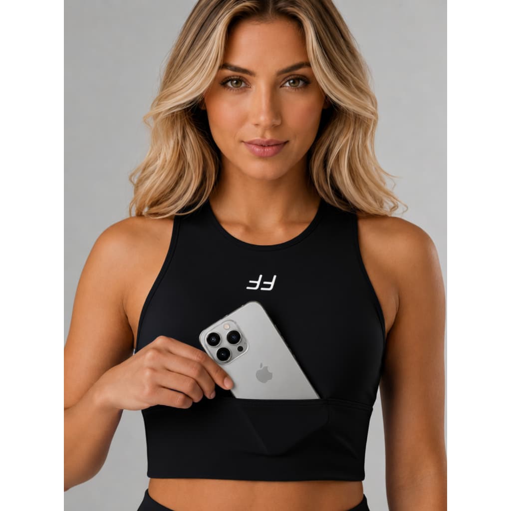 Top Cropped Fitness Feminino Alta Compressão com Bolso para Celular Bojo Removível Suplex Treino