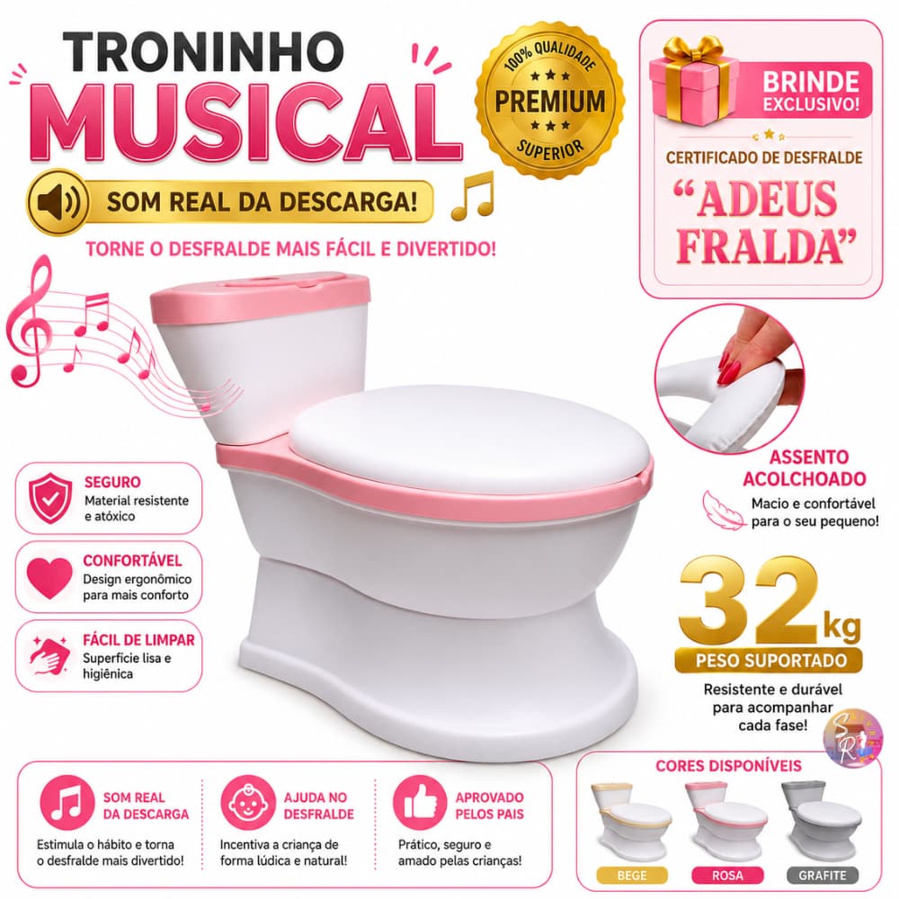 Troninho Musical com SOM REAL DESCARGA 32Kg Assento ACOLCHOADO Penico Desfralde Infantil Potty