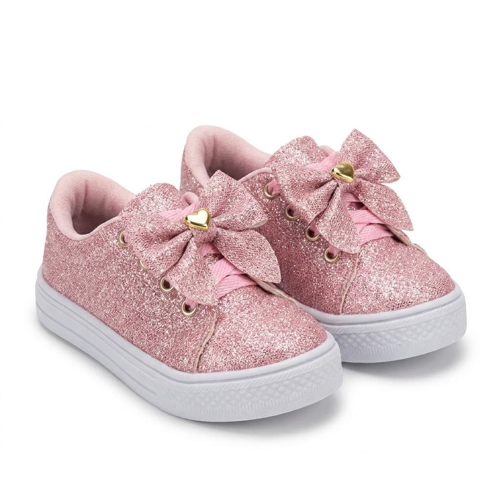 Tênis Infantil Feminino Glitter com Laço Cadarço Confortável Casual Antiderrapante Menina