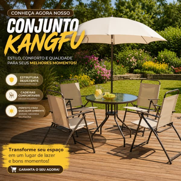 Conjunto de Mesa e Guarda-Sol Acapulco com 4 Cadeiras para Jardim Bege Marrom