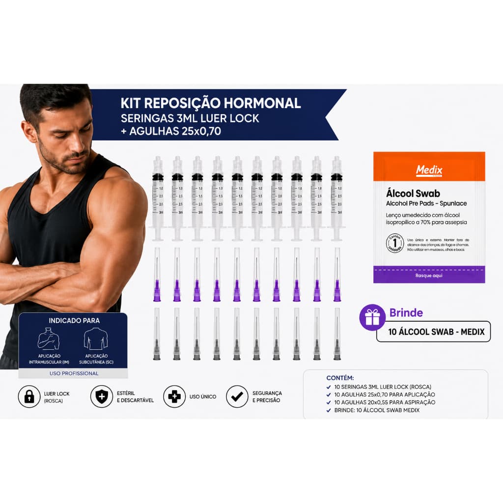 KIT APLICAÇÃO INTRAMUSCULAR COMPLETO 3ML – 10 SERINGAS + 20 AGULHAS + BRINDE 10 ÁLCOOL SWAB