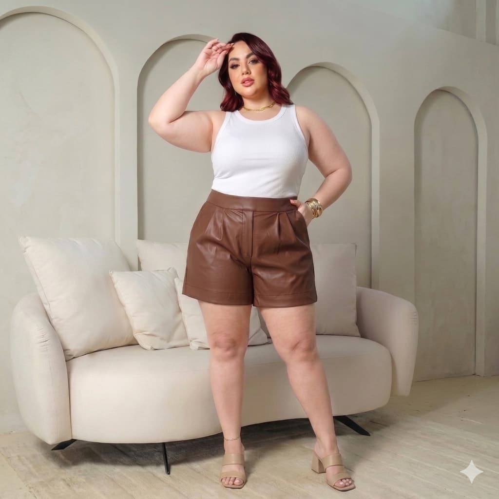 Shorts Couro Plus Size Feminino com Cintura Alta e Bolsos Para um Estilo Sofisticado e Confortável