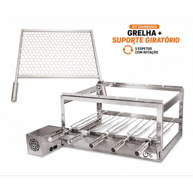 Churrasqueira Gira Grill Elétrico 5 Espetos 100% Inox + Grelha Moeda 60x40