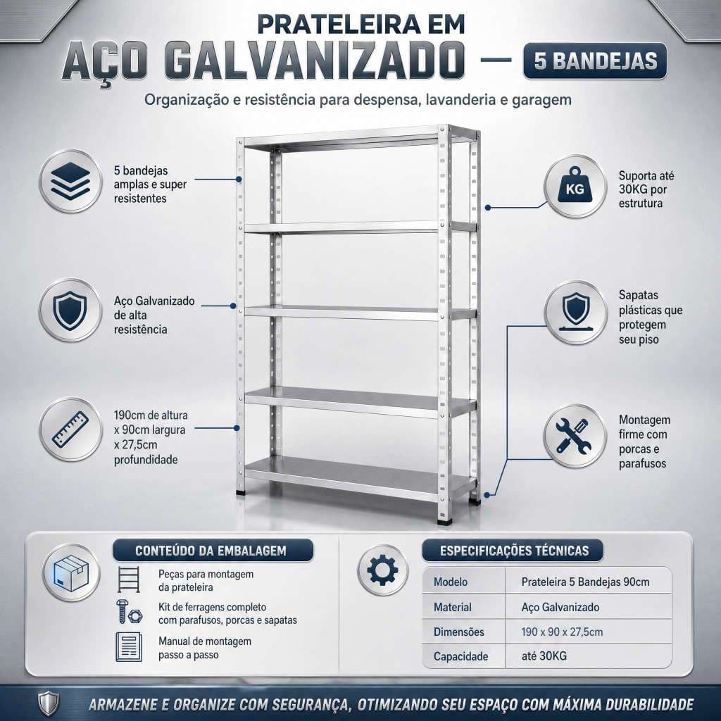 Prateleira Armário Estante De Aço Multiuso 90 Cm 5 Divisória Galvanizada