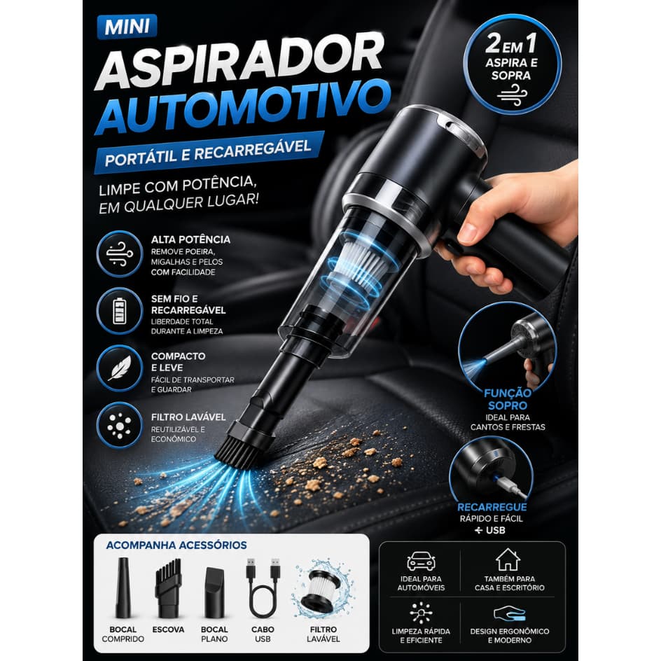Mini Aspirador de Pó Portátil Recarregável  Premium - casa e carro – Potência e Praticidade ao Seu Alcance