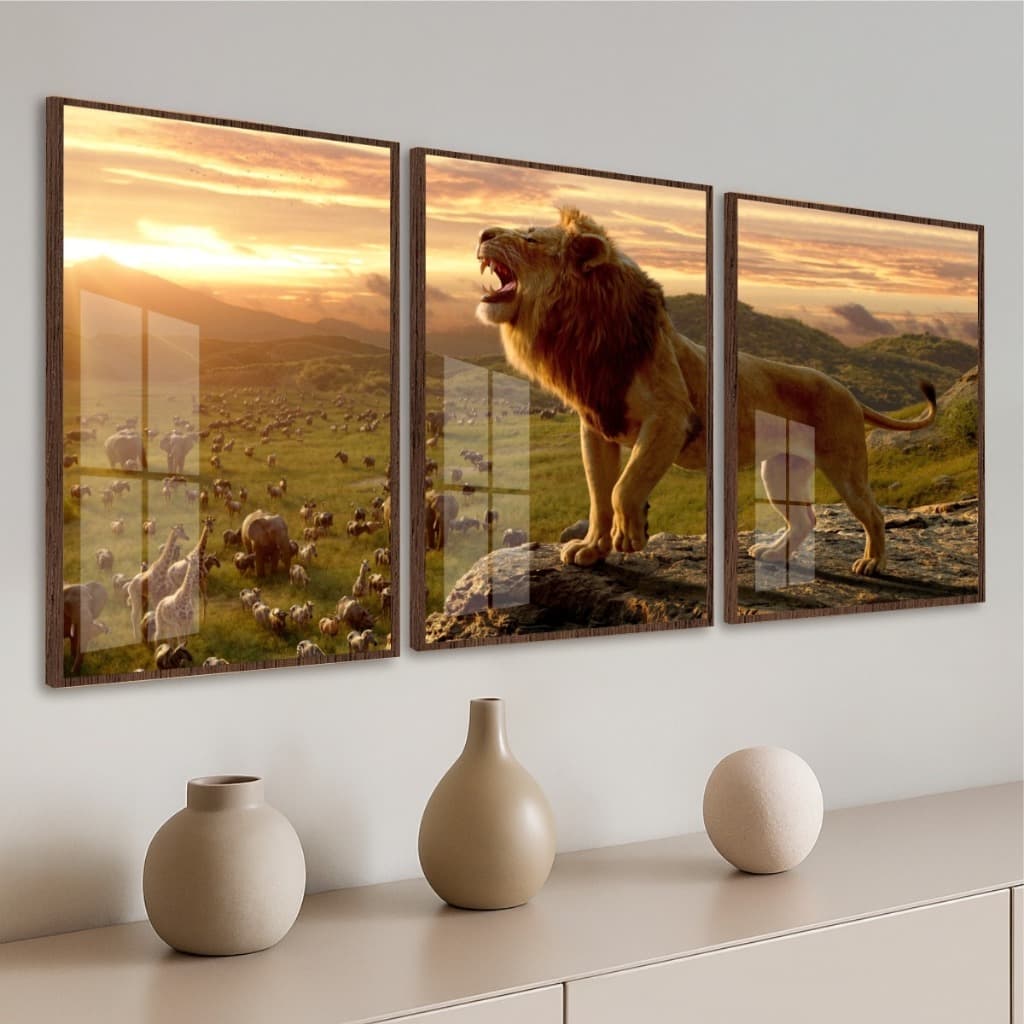 Quadros Decorativos Leão Solitario Kit Com Duas Peças Moldura e Vidro Sala Quarto Escritório