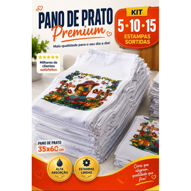 Kit de  5 ou ate 15 Panos de Prato Estampados, sortidos.