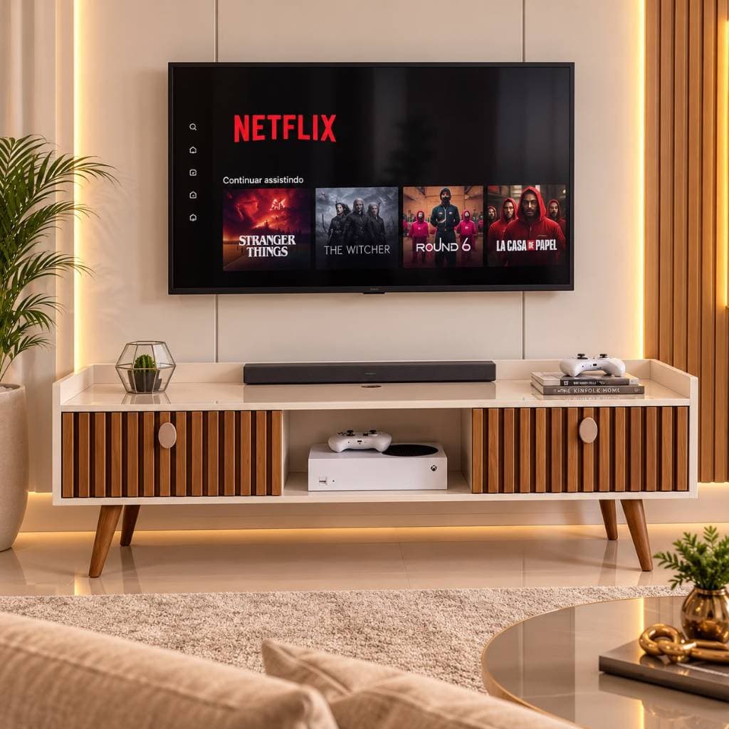 Rack Bancada com pés 1.20 Niky  2 Portas Moderno Parede TV Até 50Pol ou até 75pol 1.80 Leao Quarto Sala Area Lazer