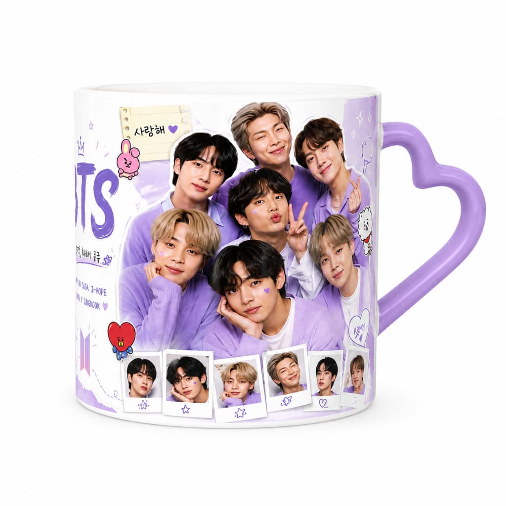 Caneca BTS Alça de Coração 325ml | Cerâmica Premium | Presente para Army | K-pop