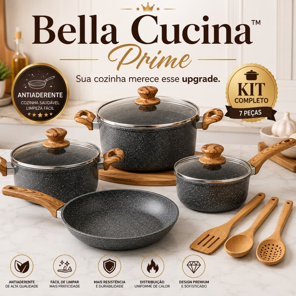 Kit 4 Panelas Antiaderentes com Tampa de Vidro + 3 Utensílios de Cozinha Bella Cucina Prime™