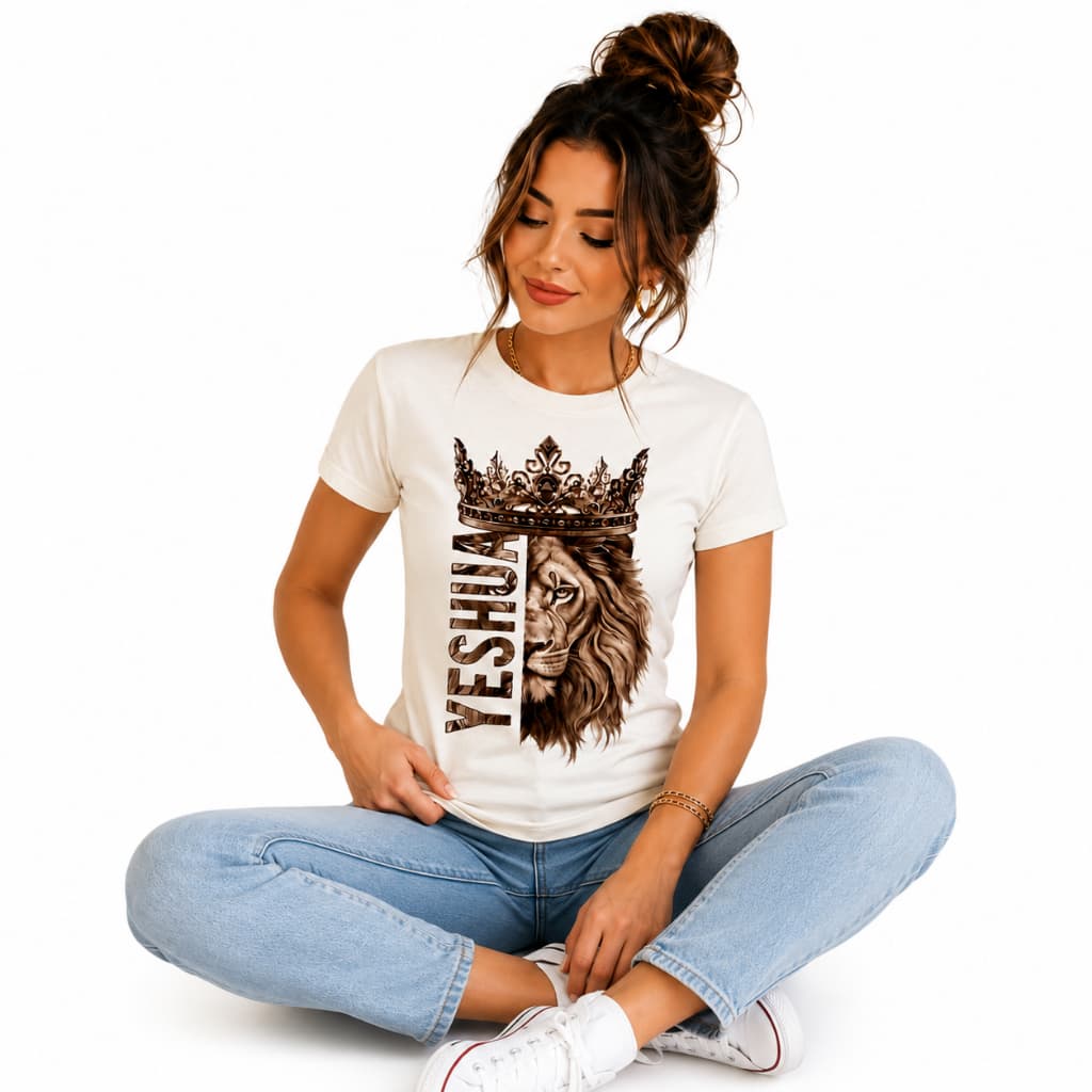 Camisa Camiseta T-Shirt Feminina Cristã Yeshua Leão da Tribo de Judá Gospel 100% Algodão Premium Na Promoção