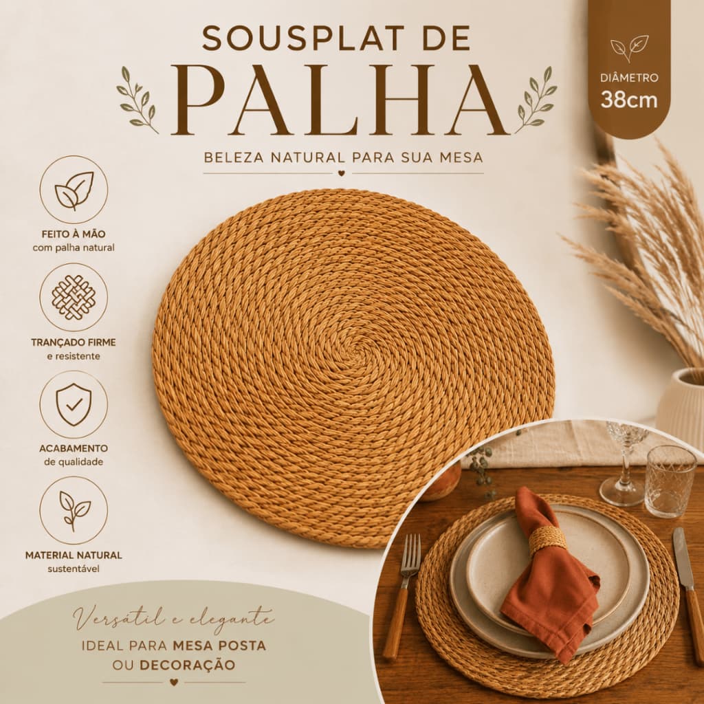 Kit 2/3/4/5 Sousplat De Palha Natural Redondo Jogo Americano Mesa Posta Jantar Decoração 38cm