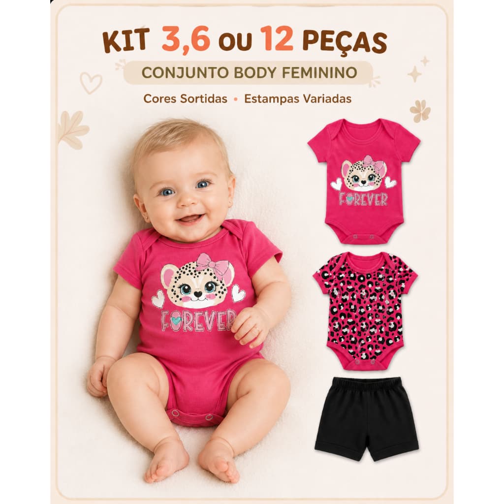 Kit 3, 9, 18 Peças Body Bebê Menina Infantil Tamanho RN ao GG - 2/6/12 Manga Curta e 1/3/6 Tapa Fraldas Roupa Feminina