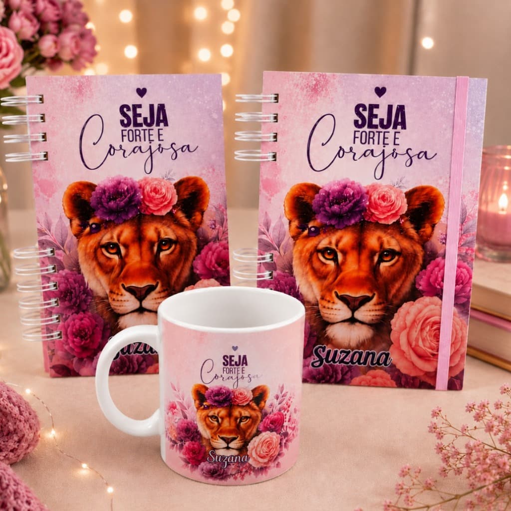Kit Agenda 2027 + Caderno e Caneca Personalizada Leoa Seja Forte e Corajosa Feminino leão presente