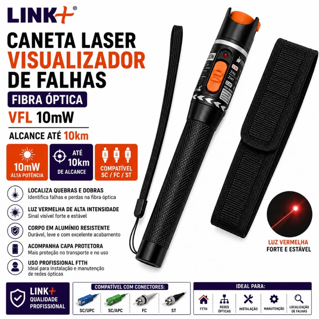 Caneta Laser Visualizadora Falhas De Fibra Óptica 10mw 10km - LINK+