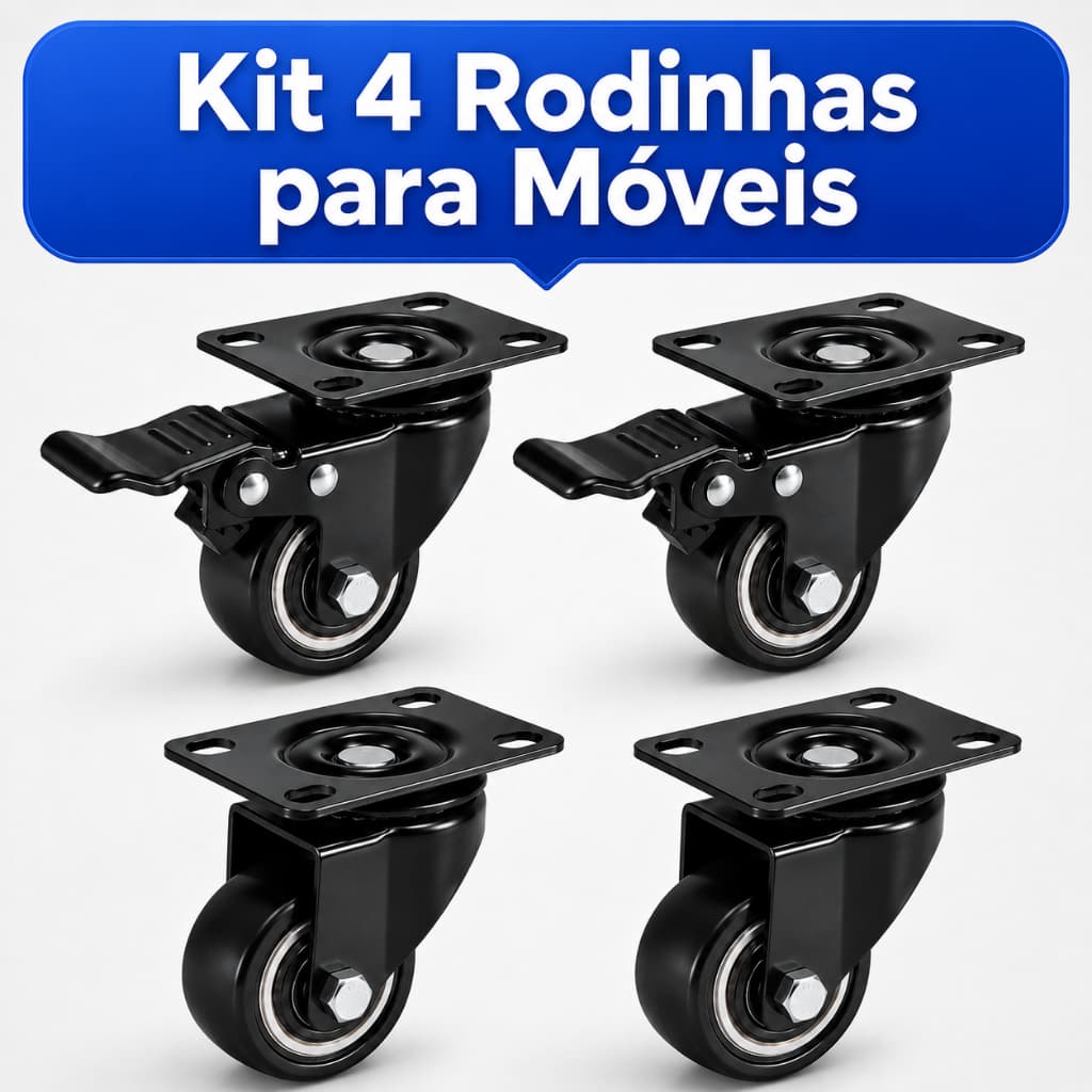 Kit 4 Rodinhas para Móveis Pesados 400kg Rodízios Giratórios de Borracha com Freio e Trava