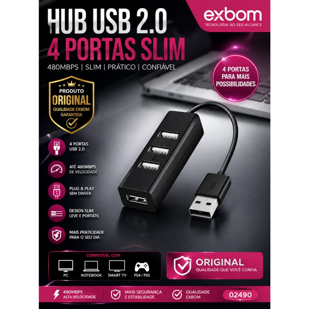 HUB USB 2.0 4 PORTAS SLIM 480MBPS (02490) EXBOM