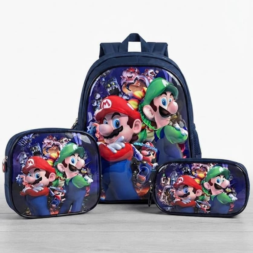 Kit Mochila 3D Escolar Infantil Super Mario e Luigi com Estojo Lancheira Térmica Reforçada e Estojo