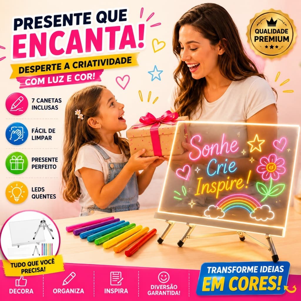 Lousa Mágica LED 3D com Suporte Ajustável e 7 Canetas Coloridas