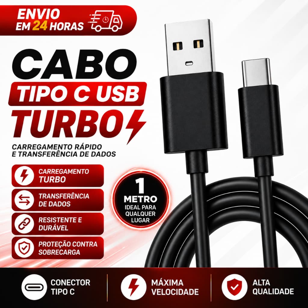 Cabo Celular Turbo TIPO C USB Cabo Dados para Todas Entradas Tipo C - ENVIO RÁPIDO