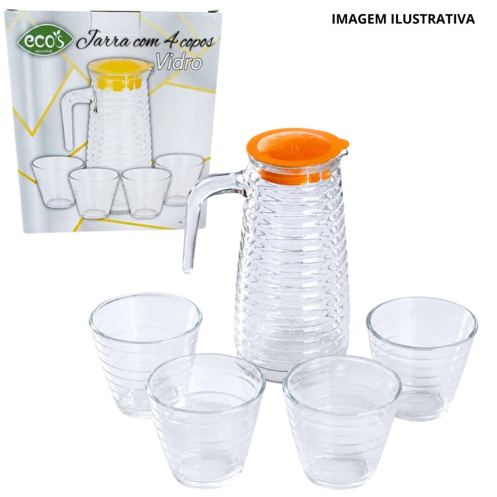 Jarra De Vidro C/ Alça + 4 Copos 1L