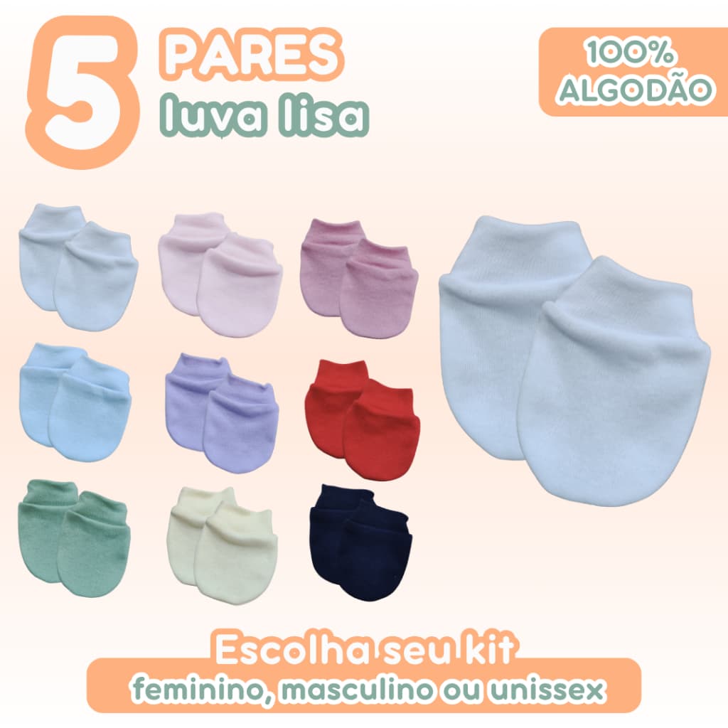 Kit 5 Pares de Luva Baby 100% Algodão Recém Nascido Feminino Masculino Unissex Enxoval Bebê Maternidade Zuraffa Baby