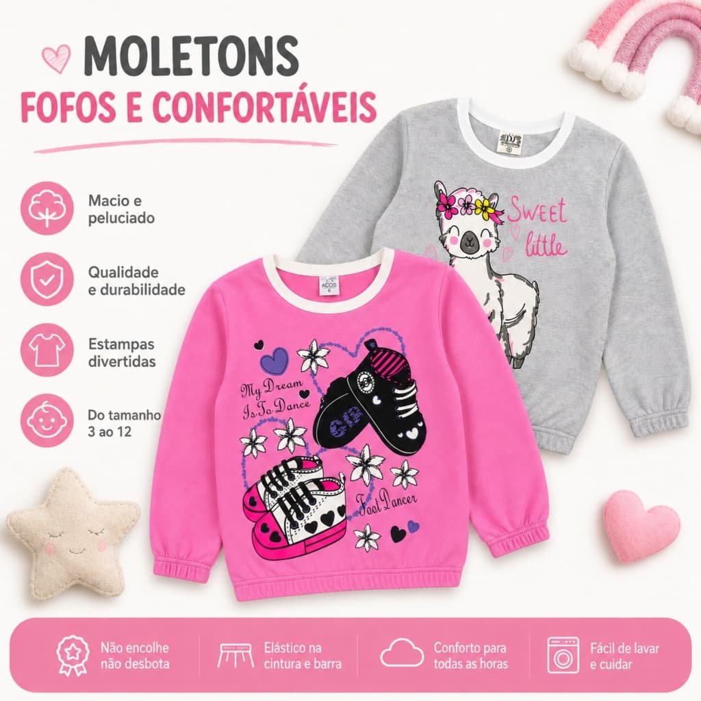Kit 2 Casacos Moletom Infatil Peluciado Feminino/Menina Elastico Na Manga e Na Barra Quentinho Inverno