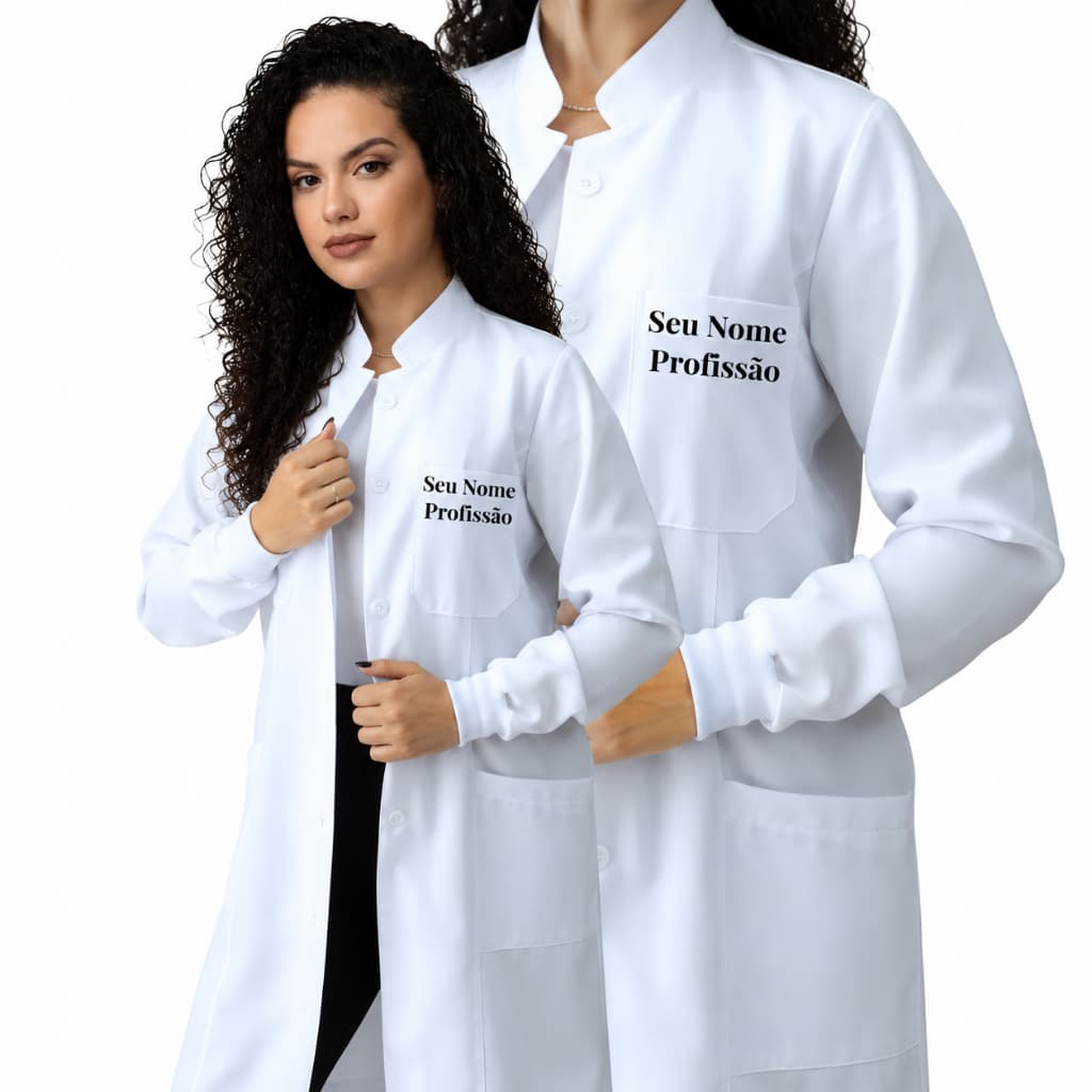 Jaleco Feminino Gabardine Branco, Botão Embutido, Gola Padre, Elástico Punho + BORDADO SEU NOME E PROFISSÃO