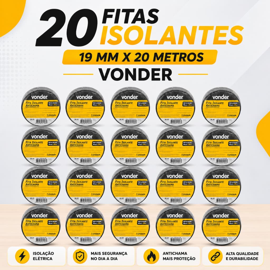 20 Fitas Isolantes 19 mm x 20 Metros Preta Vonder Anti Chama