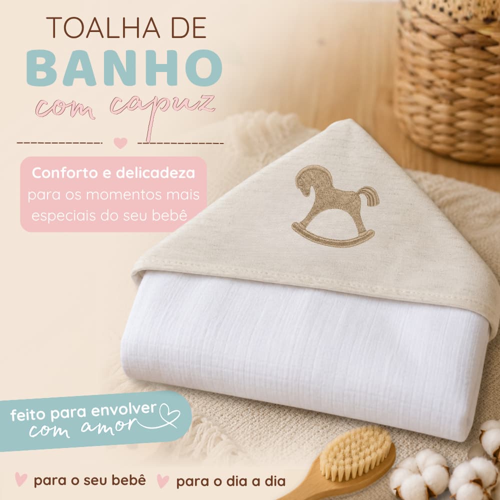 Toalha de Banho Bebê com Capuz e Detalhes em Linho Bordado Menina Menino